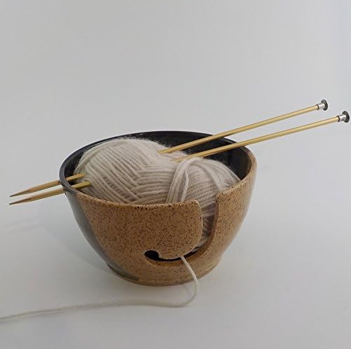 Stoneware Yarn Bowl - Handmade Ceramic Knitting Accessory - Crochet Helper - Skein Caddy -Ready to Ship - Straw and Temmoku