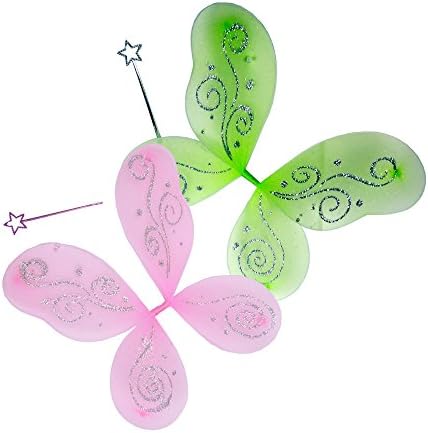 Fairy Wings and Wand Dress Up Sets For Girls - Butterfly Wings or Fairy Wings 17" Wide In Multi Colored Packs Set of 2 (Pink and Green)