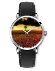 SPRAWL Aanalog Fashion Series Silver Ladies Watches of Genuine Black Leather Strap,Unique Wrist Watch for Women Girls Designed with Leaves on the grass, blurred sky