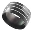 Stainless Steel High Polish Wide Black Band with Three Silver Stripes