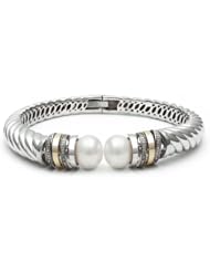 Sterling Silver Twisted Hinged Bracelet with White Freshwater Pearl Ends, 14K Yellow Gold and Diamond Accent Rings