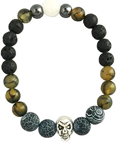 Nightmare Skull Bracelet with 10mm Dragon Scale, 8mm Dragon Vain, 8mm Lava Stone Round Beads (7.5 Inches)