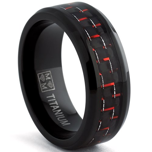 Black Titanium Wedding Band Ring with Black and Red Carbon Fiber inlay, Comfort fit 8mm, Sizes 7 to 13