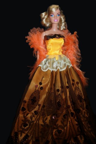 Gold Barbie Sized Doll Gown with Bright Orange Boa