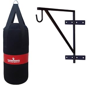Kickboxing Canvas Punch Bag Filled With Punchbag Wall Bracket Heavy Duty Metal With Complete Fitting Martial Arts Black With Red Stripe 2 Feet