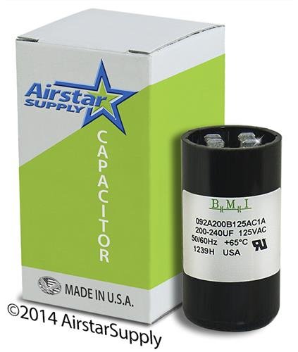 200-240 uF x 110 / 125 VAC â€¢ Dayton Grainger 6FLK3 Start Capacitor â€¢ BMI Replacement # 092A200B125AC1A â€¢ Made in the USA