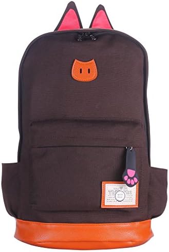 SUNYOO® Leather &amp; Canvas SchoolBag Cartoon Cosplay Backpack with Cat's Ears and waterproof in bottom Design(Brown)
