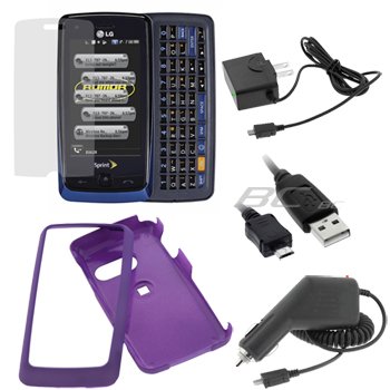 GTMax Purple Rubber Hard Snap On Crystal Cover Case + Clear LCD Screen Protector + Car Charger + Home Charger + Sync Transfer USB Data Cable for Sprint LG Rumor Touch CDMA Cell Phone