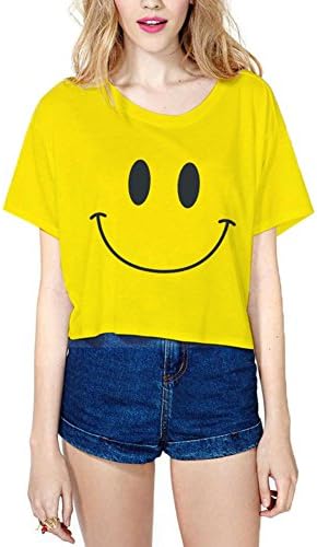 Chicnova Women's Cartoon Print Round Neck Short Sleeve T-shirt Casual Crop Top (One Size, Yellow(Smiley))