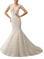 V-neck Cap Sleeves Backless Lace Beaded Mermaid  Dress