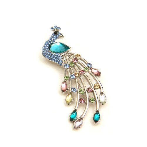 Multi-Color Austrian Rhinestone Peacock Bird Silver-Tone Brooch Pin