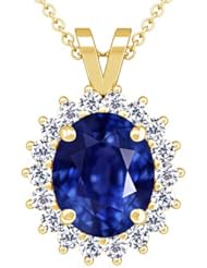 18K Yellow Gold Oval Cut Blue Sapphire And Round Diamond Pendant