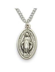 Sterling Silver Oval Miraculous Medal in a Satin and Polished Border Finish Catholic Jewelry Miraculous Patron Saint St. Medal Catholic w/Chain 18" Length