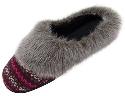 HomeTop Women's Faux Cashmere Knitted & Faux Fur Lined Slip-On Memory Foam Clog Slippers Indoor/Outdoor (Large / 9-10 B(M) US, Fushcia & Gray)