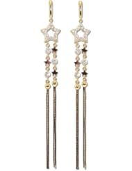 14k Yellow Gold, Star Long Dangling Drop Earring Lab Created Gems