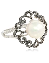 Black Rhodium Plated Sterling Silver 9-9.5mm Freshwater Cultured Pearl and Black and Diamond Ring, (0.5 cttw, G-H Color, I2-I3 Clarity)