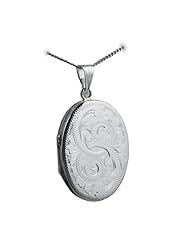 British Jewellery Workshops Silver 35x26mm hand engraved flat oval Locket with Curb chain