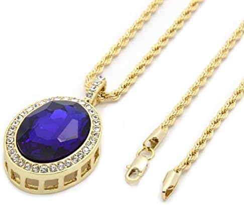 TDmall Mens Gold Tone Iced Out Blue Ruby Oval Pendant Hip-Hop 24" Rope Chain M3