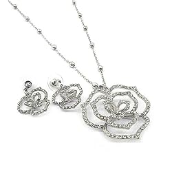 Silver Crystal Rose Flower Pendant Necklace Earring Set