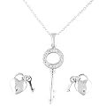 Sterling Silver With Cubic Zirconia Key Necklace & Earring Set - Silver/White ( 18" )