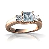 14k Rose Gold Square Genuine Aquamarine trellis three stone Ring