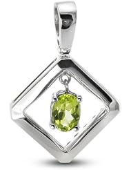Modern, Diagonal Square Pendant With 7 MM Genuine Peridot Oval Center Stone In Silver.