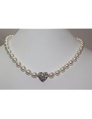 Sterling Silver Rice Pearl Love Necklace with Heart CZ Center - Perfect Valentines Gift