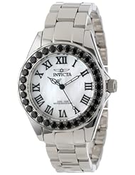 Invicta Womens 14106 Angel White Mother-Of-Pearl Dial Black Spinel Accented Stainless Steel Watch