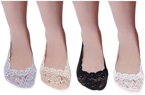 Imaly Women's No Show Silicone Heel Grip Non-skid Lace Socks 4Pairs [grey/white/black/nude]