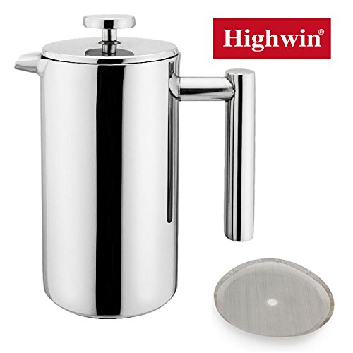 Highwin 3-Cup/8-Cup Doublewall Stainless Steel Mirror Finish Coffee Press Plunger with Filter, Silver (8-Cup / 1000ML)