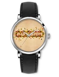 SPRAWL Aanalog Fashion Series Silver Ladies Watches of Genuine Black Leather Strap,Unique Wrist Watch for Women Girls Designed with Autumn leaves