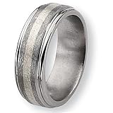 Sterling Silver Center Grooved Edge Titanium Ring (8.0 mm) With Wood Box - Sizes 8.5-12