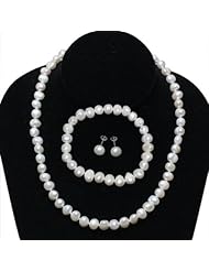 Hydia Freshwater White Pearl Necklace Earrings Bracelet Set with Gift Pouch