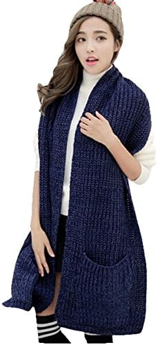 Autumn Winter Women Thick Knit Pocket Scarf Blending Color Long Shawl (Navy blue)