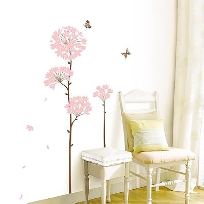 Easy Instant Decoration Wall Sticker Decal - Long Stem Pink Flower Butterfly Petals