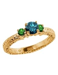 0.79 Ct Round Blue and Green Diamond 18K Yellow Gold 3-Stone Ring