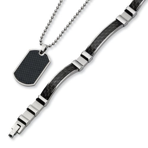 Stainless Steel Black Carbon Fiber Necklace and Bracelet Set