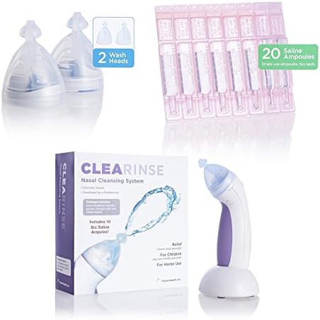 Clearinse Nasal Aspirator & Irrigation System - For Babies and Children W/ Extra Sterile Saline Ampoules - Pure Salt Water - (20 Count) & 2 Replacement Wash Heads