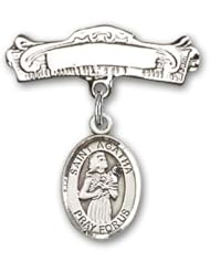 Sterling Silver Baby Badge with St. Agatha Charm and Arched Polished Badge Pin