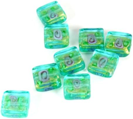 Light Blue Silver Foil Flat Square Glass Beads with flower design- 10pc