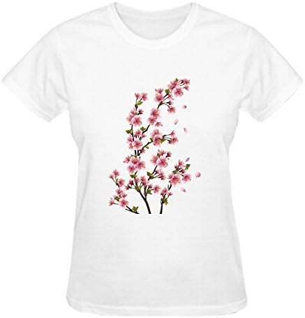 FLFL Sakura Cherry Blossoms Floral O Neck Personalized Cotton T Shirts for Womens White