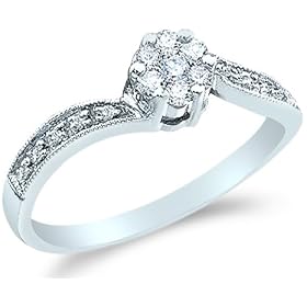 Size - 4 - 10k White Gold Diamond Engagement Channel Set Flower Shape Center Round Brilliant Cut Diamond Ring 6mm (1/4 cttw, G - H Color, SI2 Clarity)