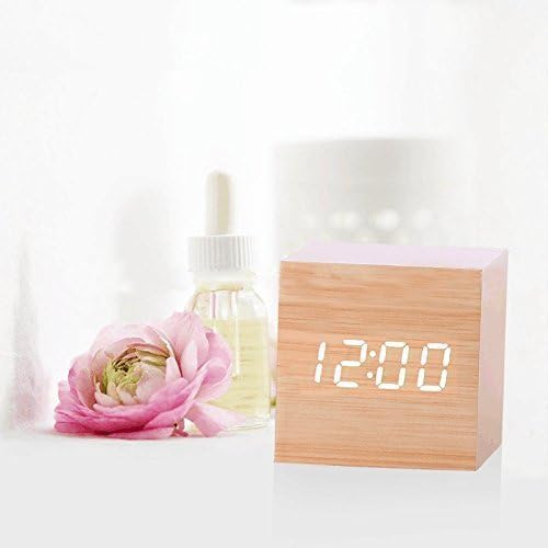 Digital Alarm Clock-VC Mall Cube Design Mini LED Wooden Desk Clock with Voice Control &amp; Temperature Display for Kids,Home,Office