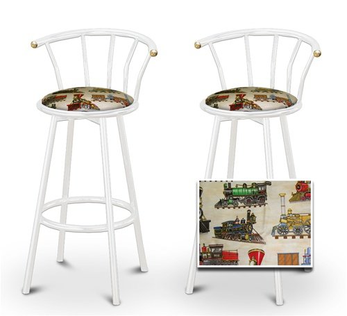 2 Tan Train Fabric Specialty / Custom White Barstools with Backrest Set