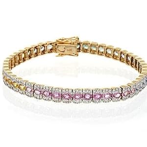 14K White Gold Oval Multi Color Sapphire Diamond Bracelet by