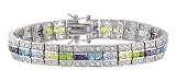 C.Z. And Light Multi Color Square Rhodium (.925) Sterling Silver Bracelet
