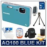 Samsung AQ100 12 MP Camera Blue, Waterproof to 10', 5x, 35-175mm Equivalent Zoom, Records 720p Video Underwater or On Land, Aqua Mode Setting f/Underwater Shots, Deluxe Carrying Case, 3pc. Lens Cleaning Kit, Card Reader, 16 GB Memory Card, Battery, & More