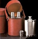 Flask set is in a 6 piece bar set containing: 3 -14oz Stainless Steel Flasks with 3 cups in Brown Leather Case