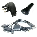 Ex-Pro® Universal 1-10 Ultimate Mobile Phone / Sat NAV Charger Kit, UK Mains, In-Car & USB Charge Cable Connectivity Kit.