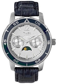 Timex Womens SL Series Sun-Moon Phase Silver Dial Stainless Steel Case Blue Leather Watch T2N084